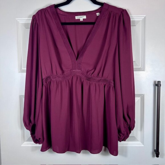 Max Studio Plum Long Sleeve Peplum Blouse | Deep V-Neck Boho Chic Top Size M - Picture 2 of 5